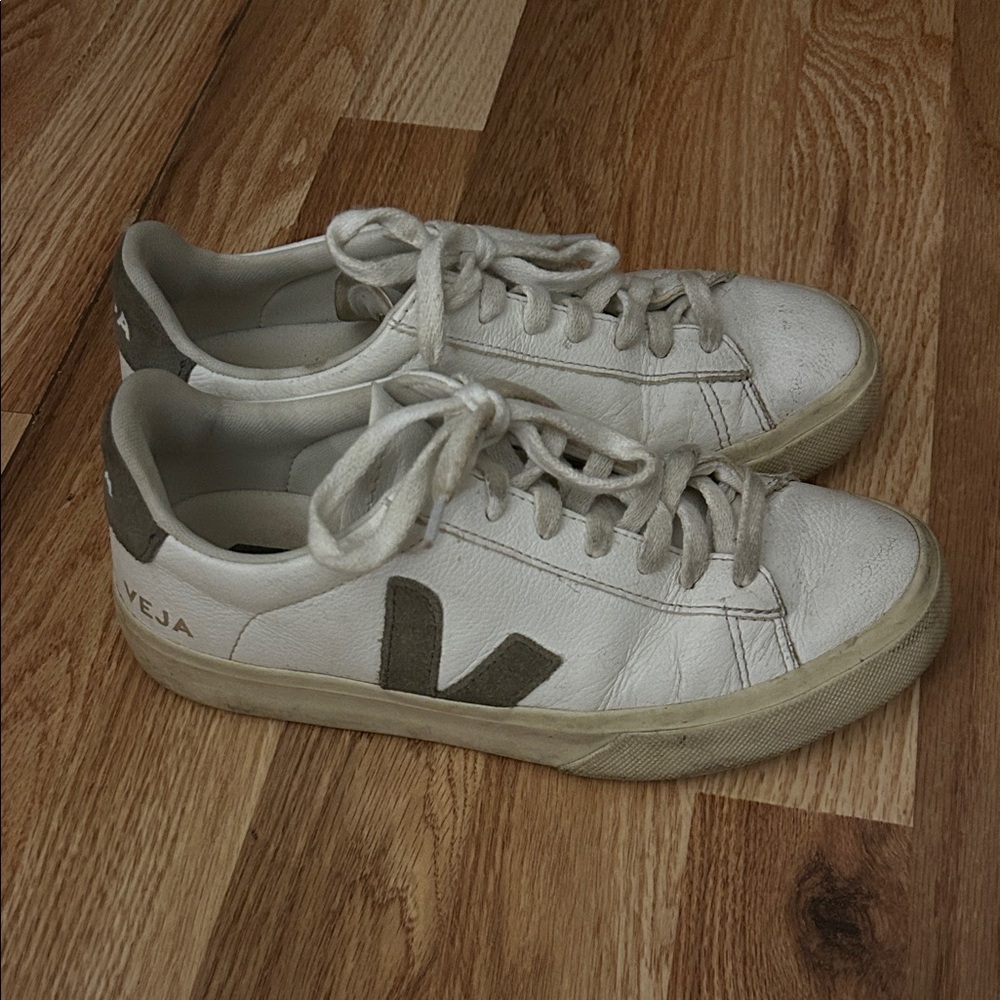 Veja White Leather Sneakers with Taupe V Accent